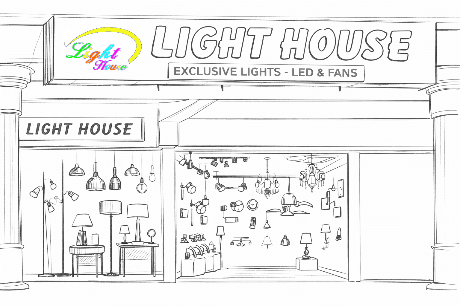 Light House storefront sketch with lighting displays